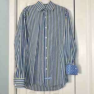 English Laundry Mens Blue Yellow Striped Long Sleeve Button Down Shirt